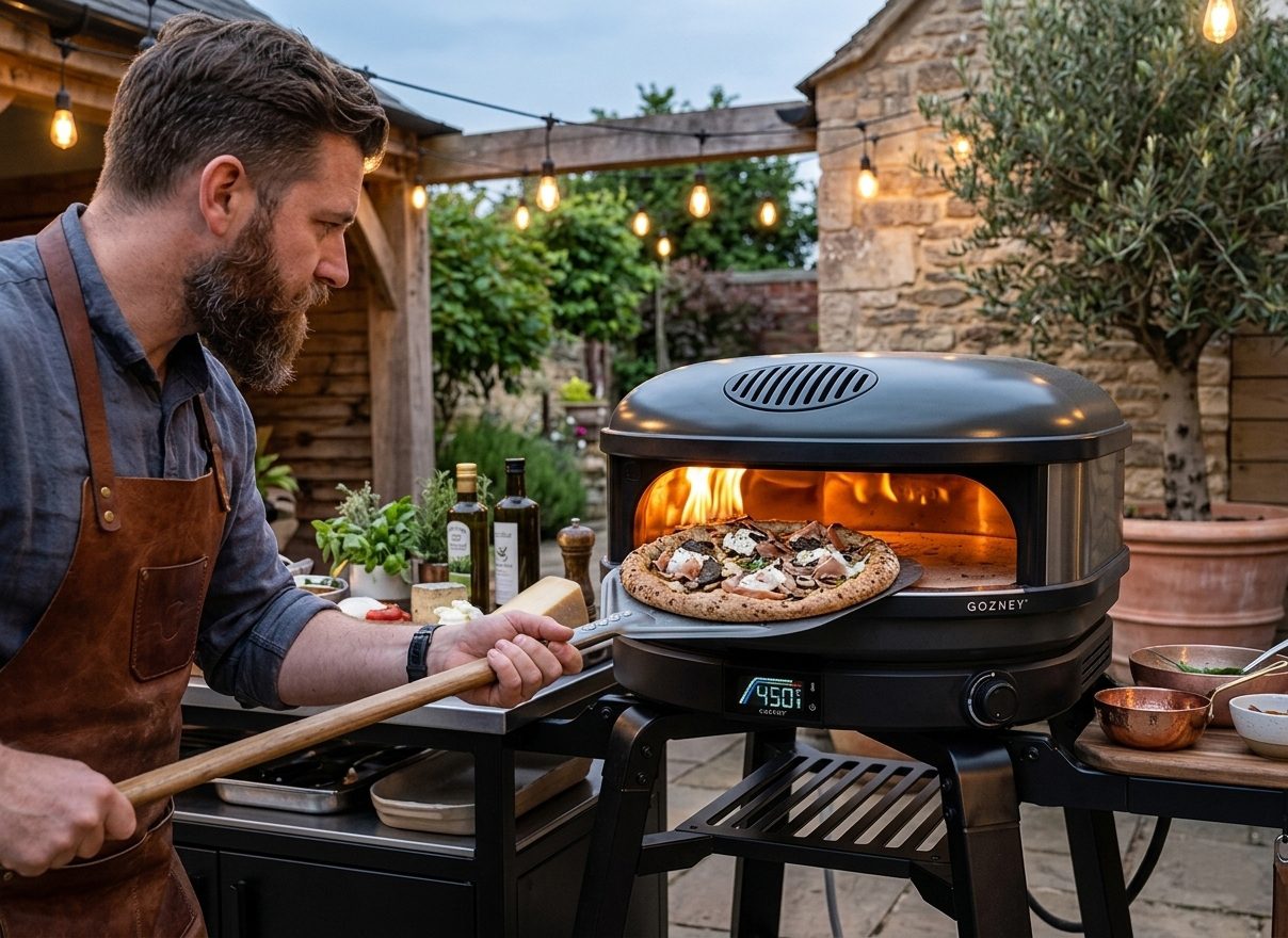 Illustration of a Gozney Arc XL gas pizza oven in a garden