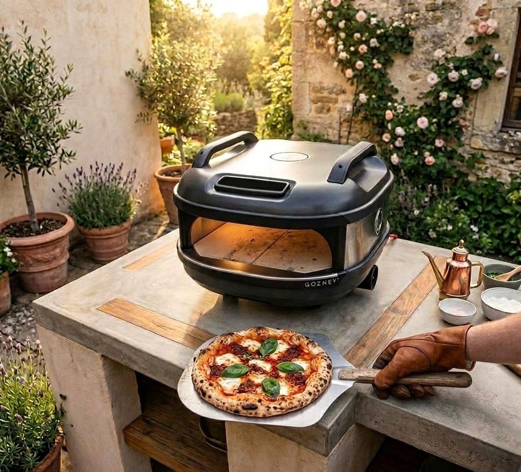 Illustration of a Gozney Tread portable pizza oven on an outdoor worktop