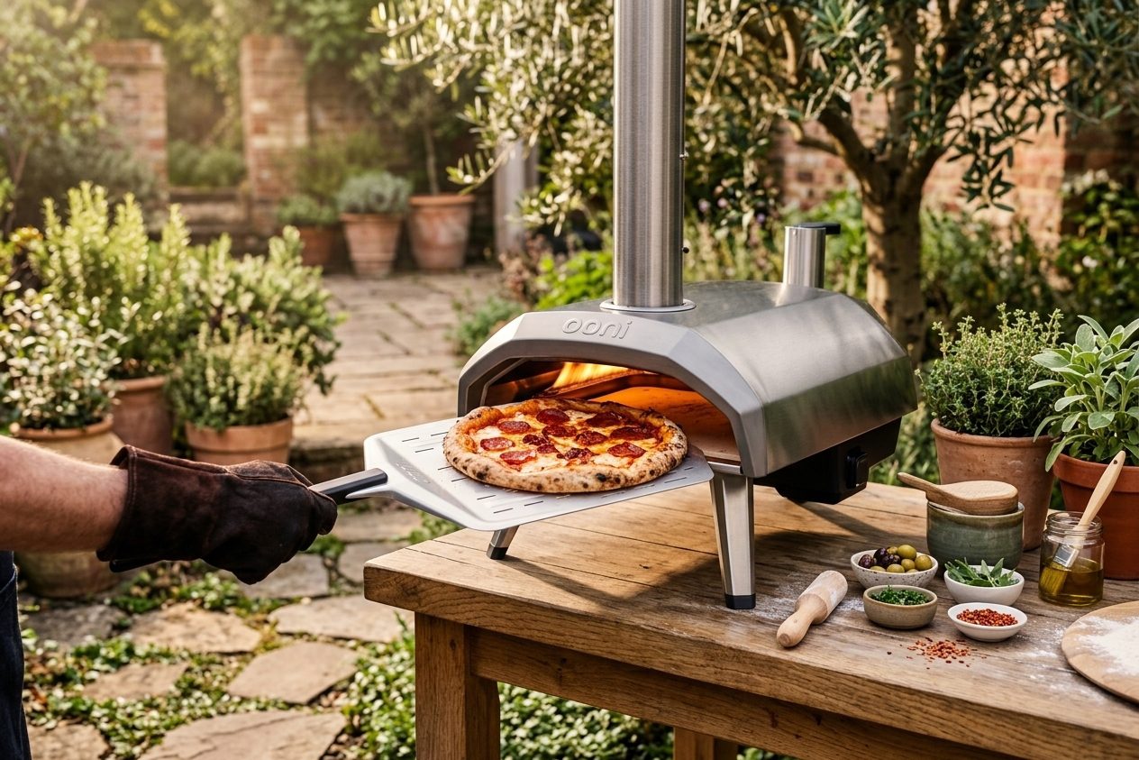Illustration of an Ooni Karu 2 pizza oven on a garden table