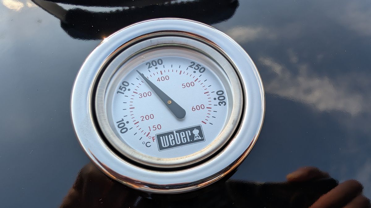Weber lid thermometer reading just under 200°C